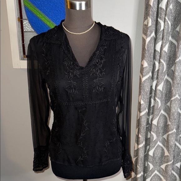 Ice Tops - iCe Vintage 90’s Mesh Silk Beaded & Embroidered Long Sleeve Blouse